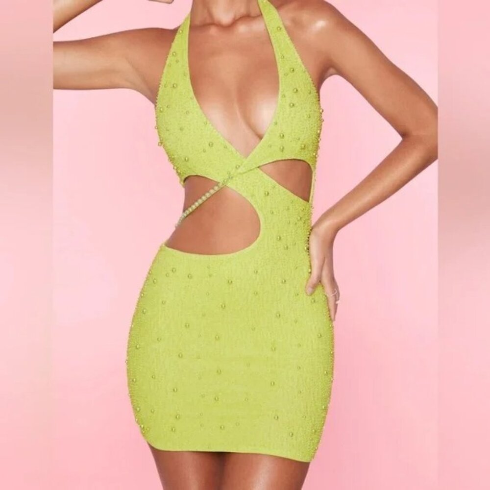 Oh Polly Women's Mini Dress US 4 Green Beaded Pearl Bodycon Cut Out Party Sexy